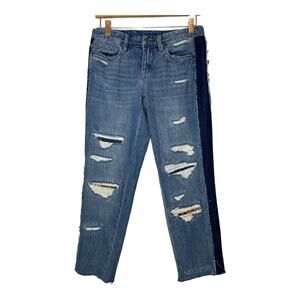 Blank NYC Crop Girlfriend Jeans Contrast Stripe Panel Raw Hem Distressed 26 Fray